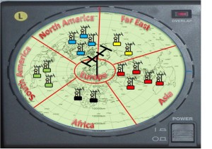 Figure 3:  One can certainly listen or transmit in all directions at once - toward all country-based IP addresses - but if it is necessary to turn the beam, artificial or real, you may direct your call to those on the band - or in the global chat room - based on their geographic location.  IP addresses are registered when checking into the DX Summit, which is rich DXCC-wise – with some 187 countries logging in every month.